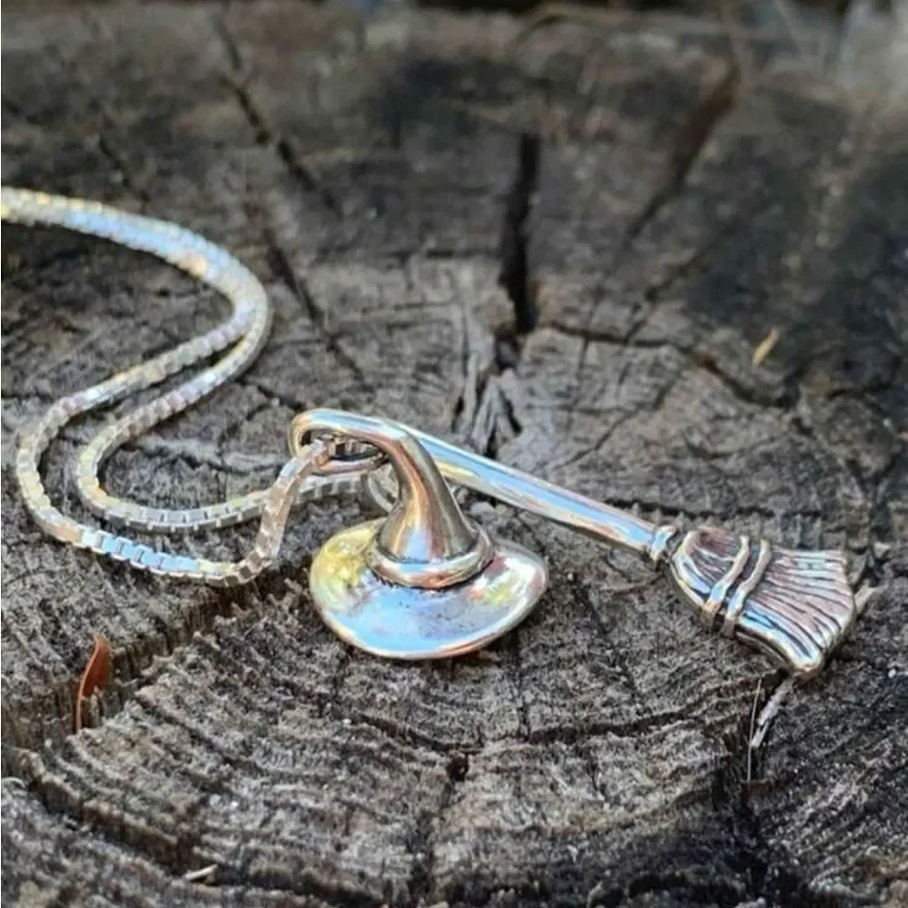 Goth Necklace Witch’s Broom & Hat, Silver Color, Engraved Design Layering Piece